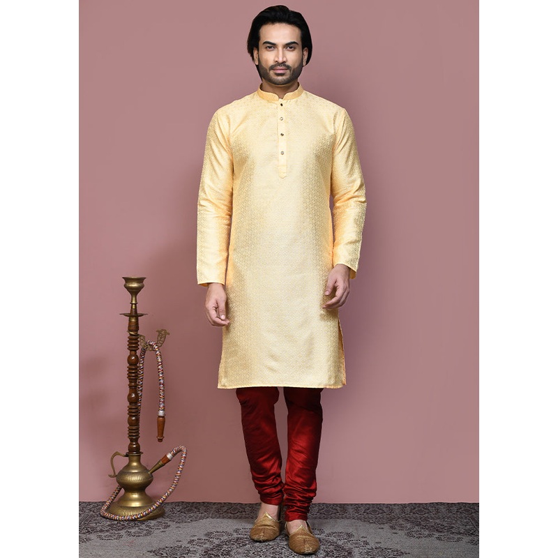 2 Pc Gold Silk Kurta Pajama Set - JD986612147