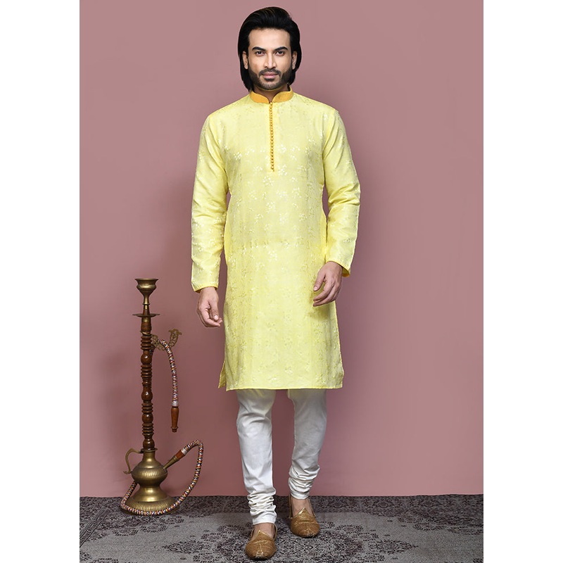 2 Pc Gold Silk Kurta Pajama Set - JD986612149
