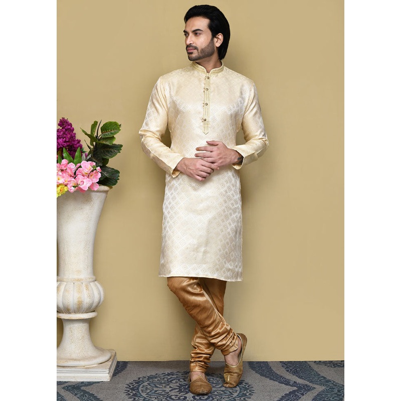 2 Pc Gold Silk Kurta Pajama Set - JD986612150