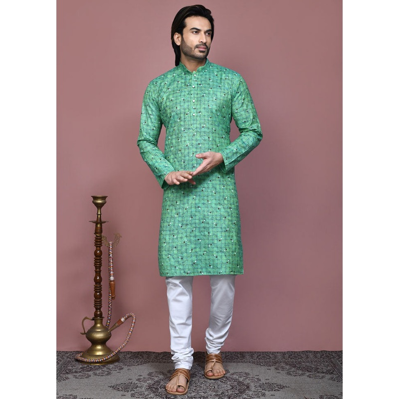 2 Pc Green Cotton Kurta Pajama Set - JD986612144