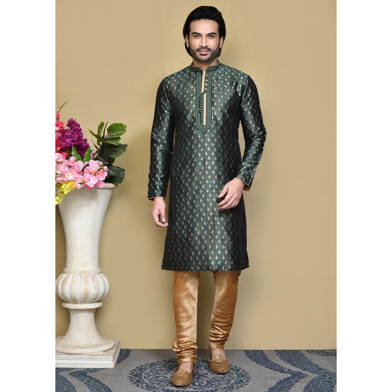 2 Pc Green Silk Kurta Pajama Set - JD986612143