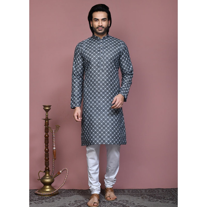 2 Pc Grey Cotton Kurta Pajama Set - JD986612141