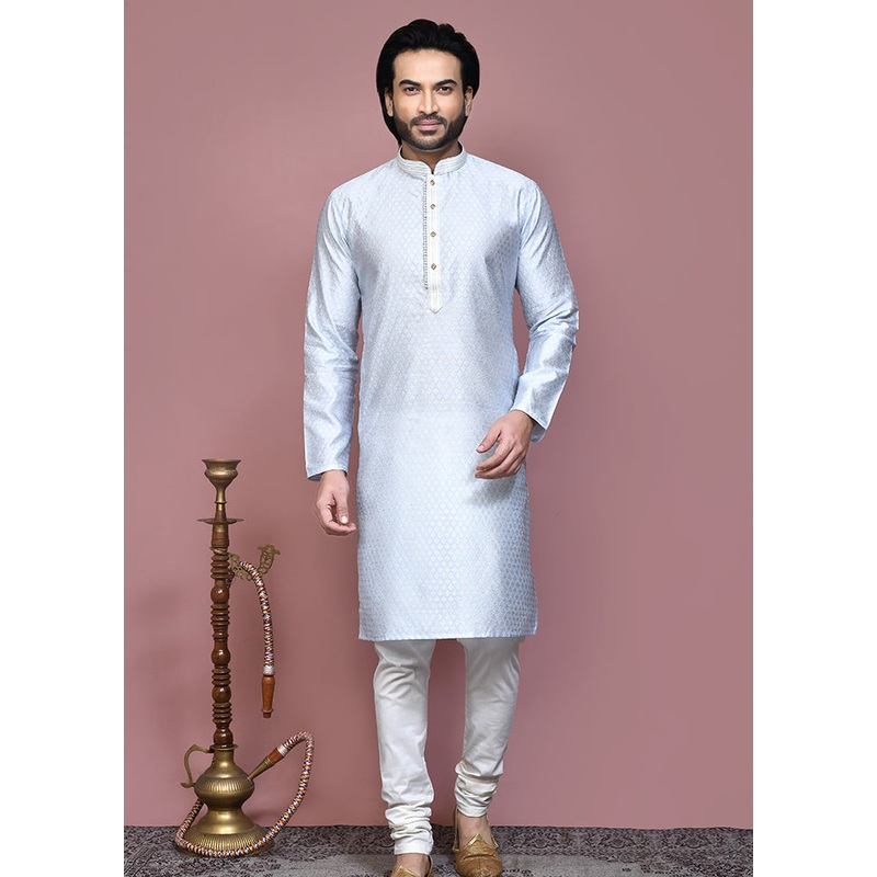 2 Pc Grey Silk Kurta Pajama Set - JD986612136