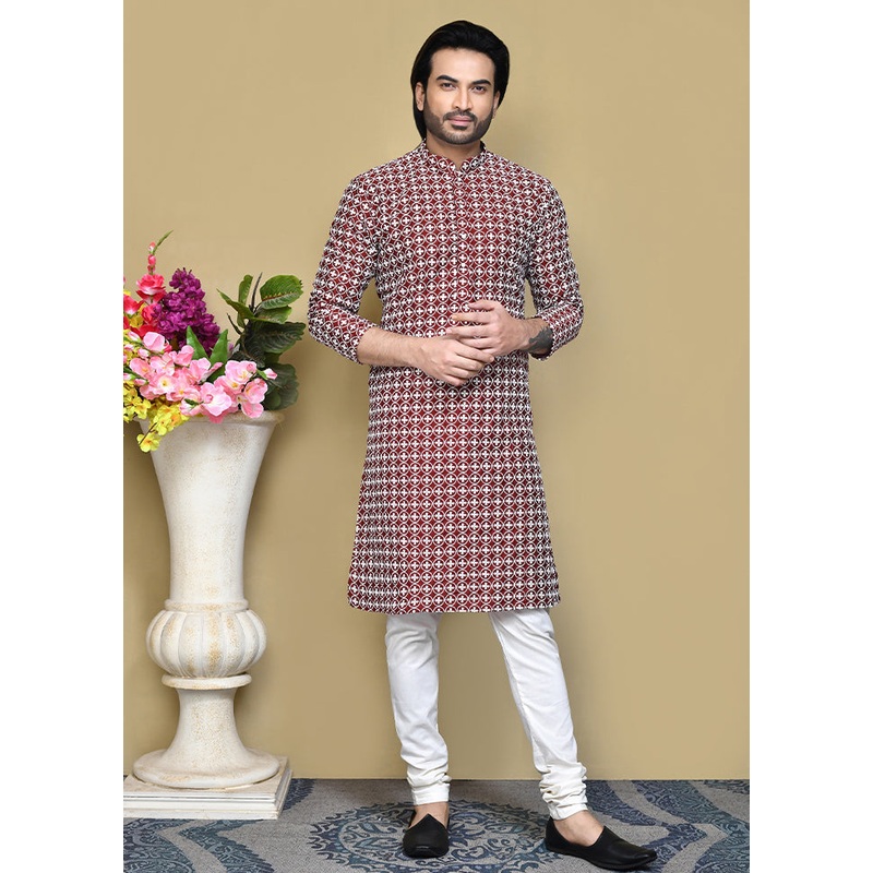 2 Pc Maroon Cotton Kurta Pajama Set - JD986612132