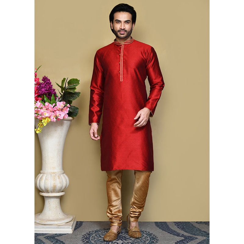 2 Pc Maroon Silk Kurta Pajama Set - JD986612131