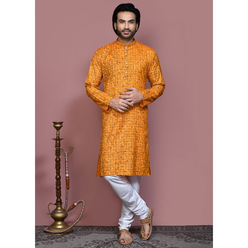 2 Pc Mustard Cotton Kurta Pajama Set - JD986612124