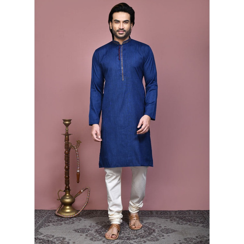 2 Pc Navy Blue Cotton Kurta Pajama Set - JD986612122