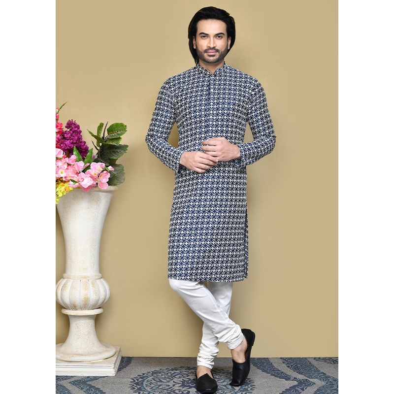 2 Pc Navy Blue Cotton Kurta Pajama Set - JD986612123