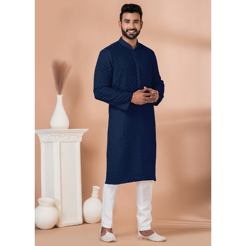 2 Pc Navy Blue Georgette Kurta Pajama Set - JD986612268