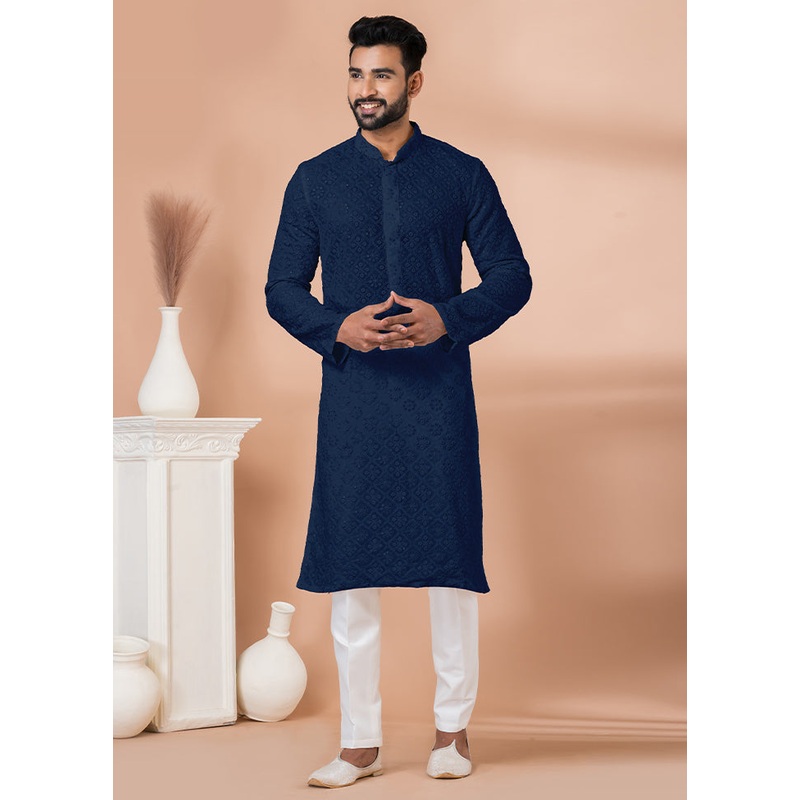 2 Pc Navy Blue Georgette Kurta Pajama Set - JD986612269