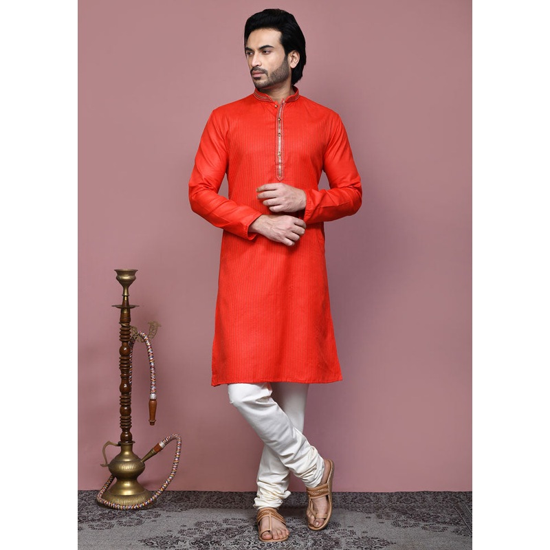 2 Pc Orange Cotton Kurta Pajama Set - JD986612117