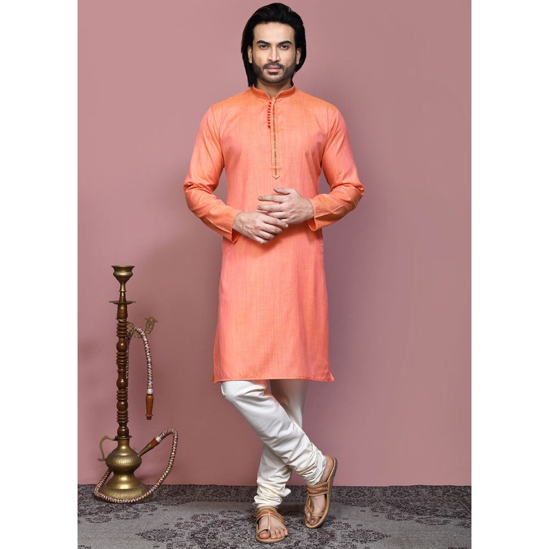 2 Pc Orange Cotton Kurta Pajama Set - JD986612118