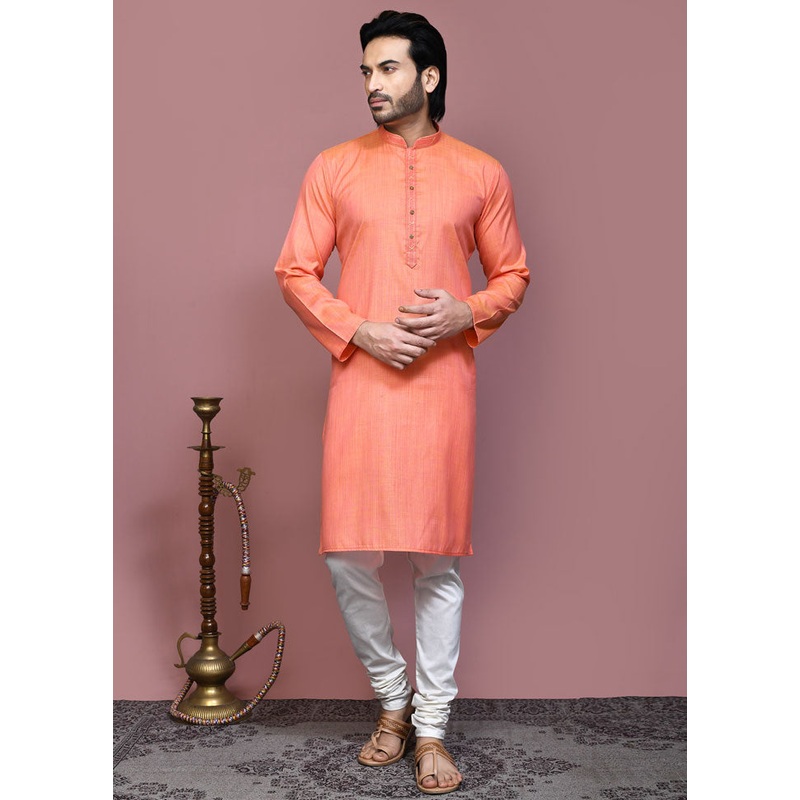 2 Pc Orange Cotton Kurta Pajama Set - JD986612119