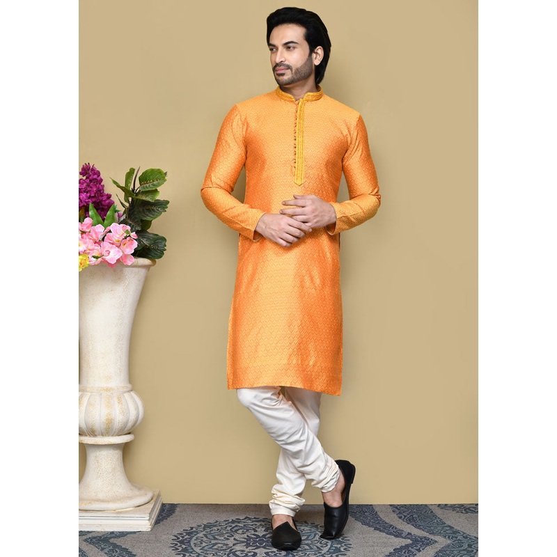 2 Pc Orange Cotton Kurta Pajama Set - JD986612120