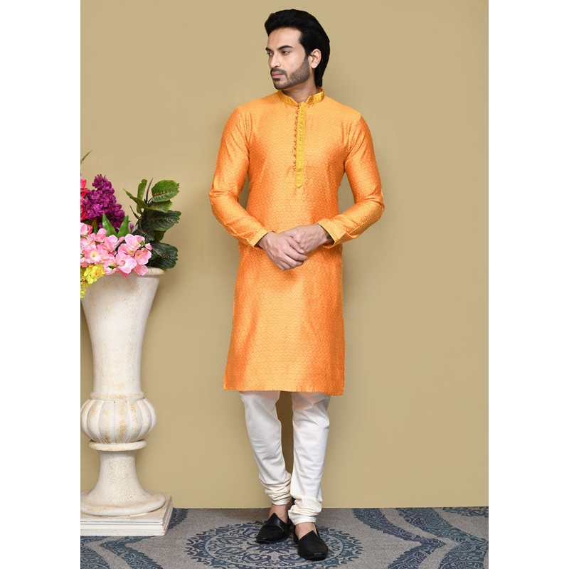 2 Pc Orange Cotton Kurta Pajama Set - JD986612121