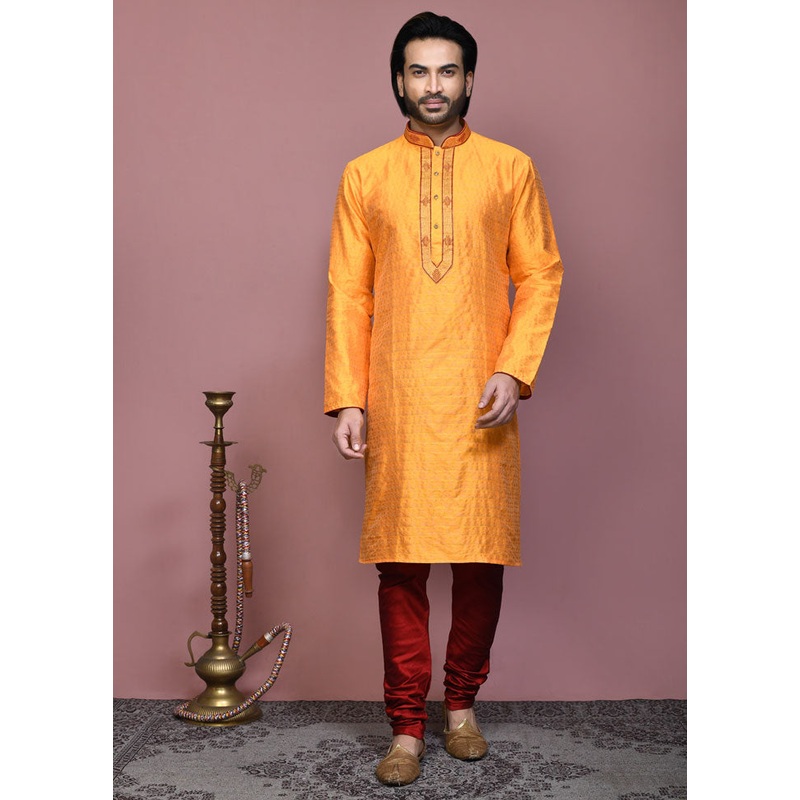 2 Pc Orange Silk Kurta Pajama Set - JD986612115