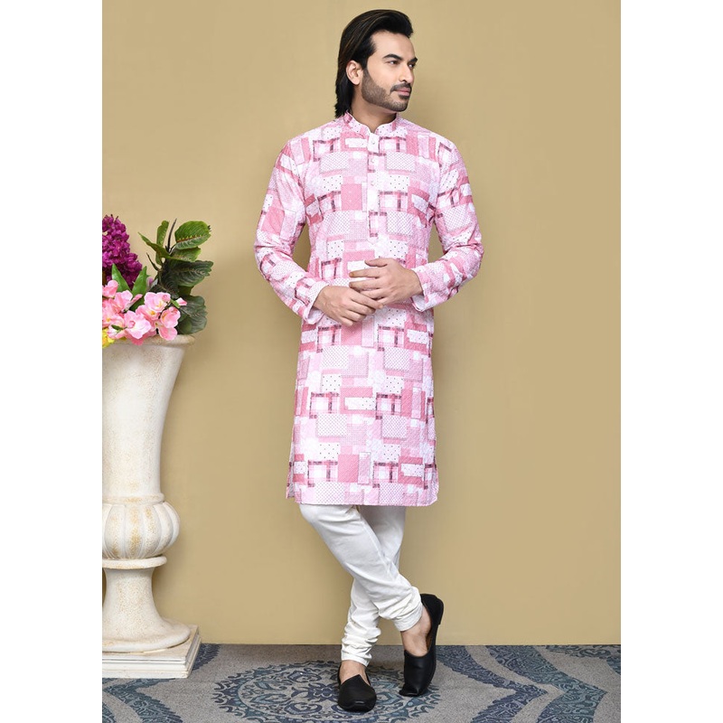2 Pc Pink Cotton Kurta Pajama Set - JD986612114