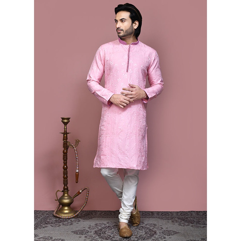 2 Pc Pink Silk Kurta Pajama Set - JD986612106