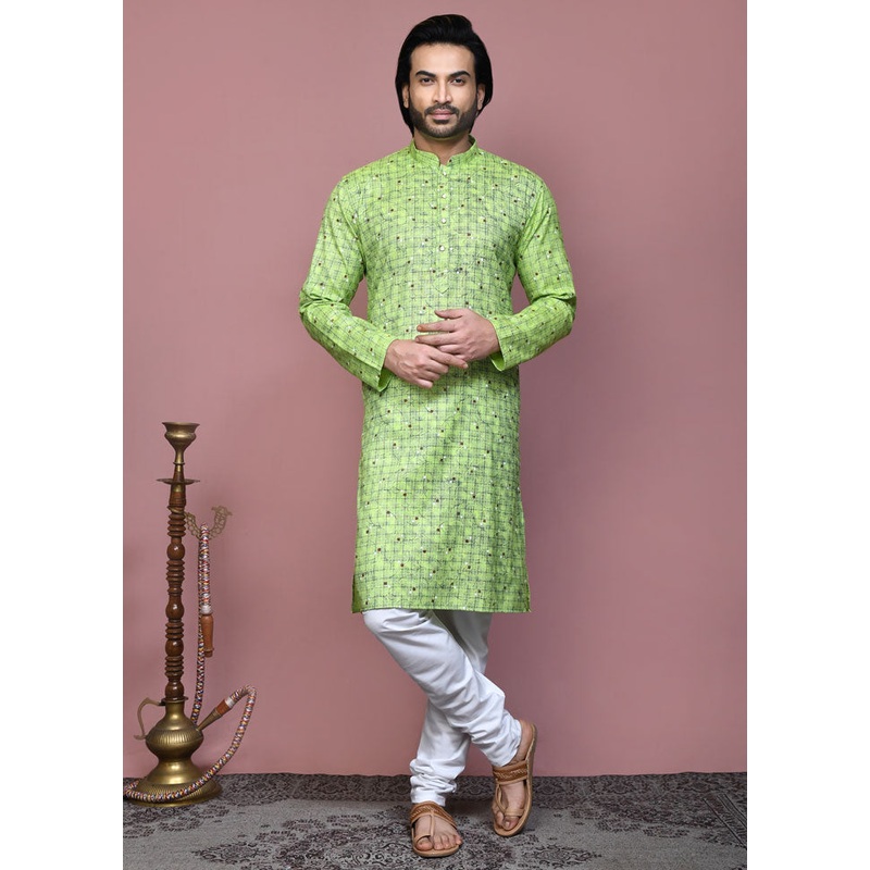 2 Pc Pista Green Cotton Kurta Pajama Set - JD986612103