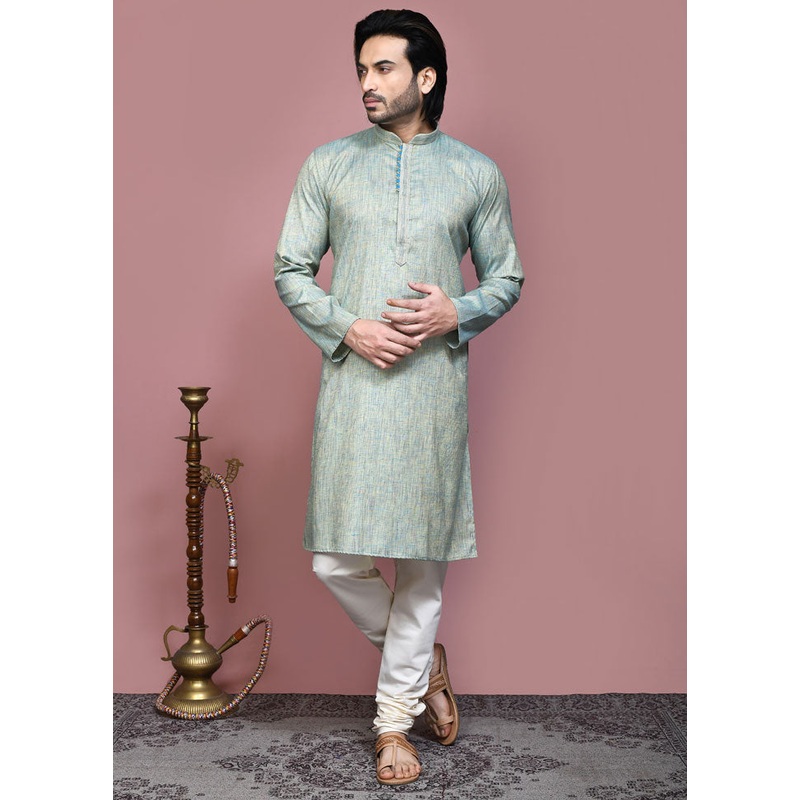 2 Pc Pista Green Cotton Kurta Pajama Set - JD986612104