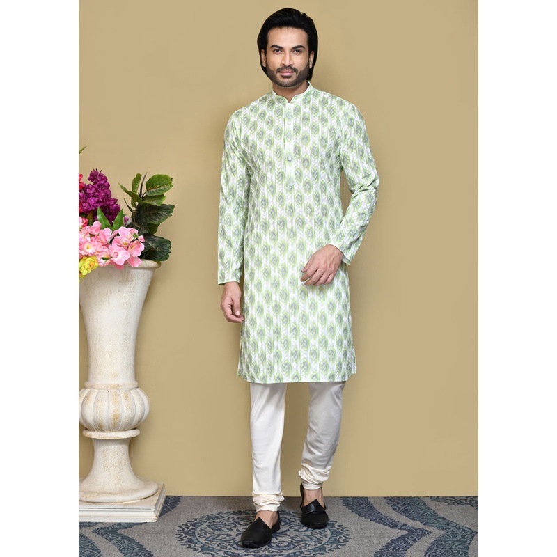 2 Pc Pista Green Cotton Kurta Pajama Set - JD986612105