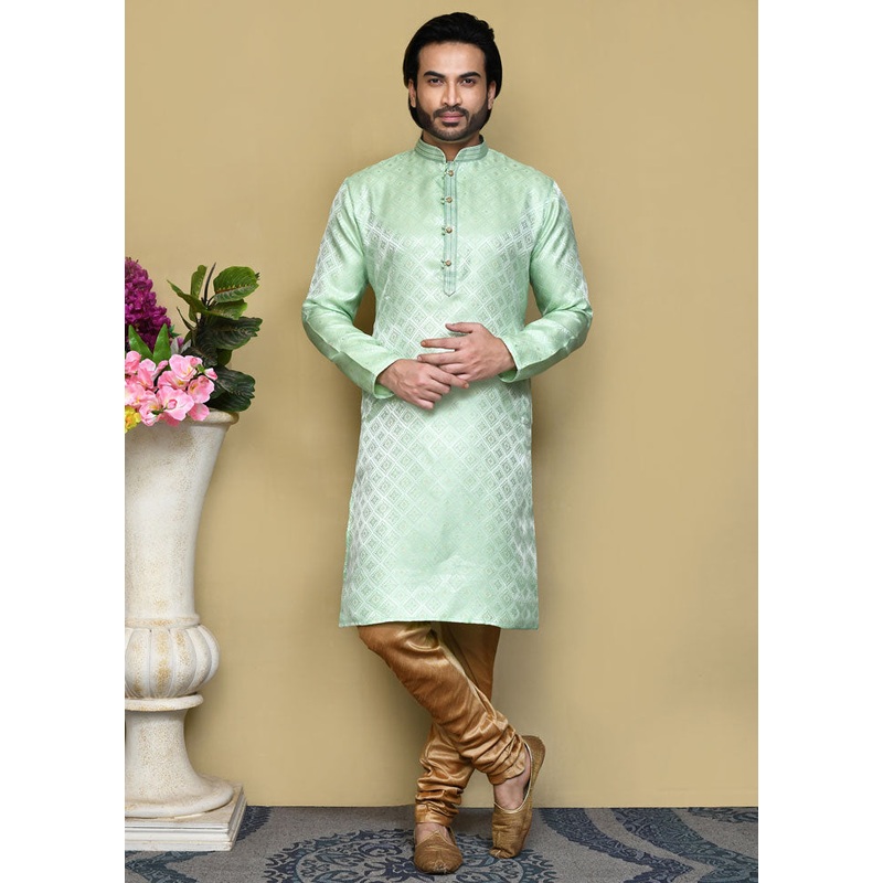 2 Pc Pista Green Silk Kurta Pajama Set - JD986612099
