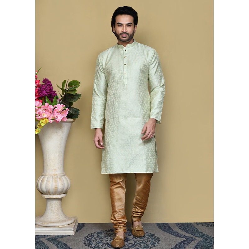 2 Pc Pista Green Silk Kurta Pajama Set - JD986612100