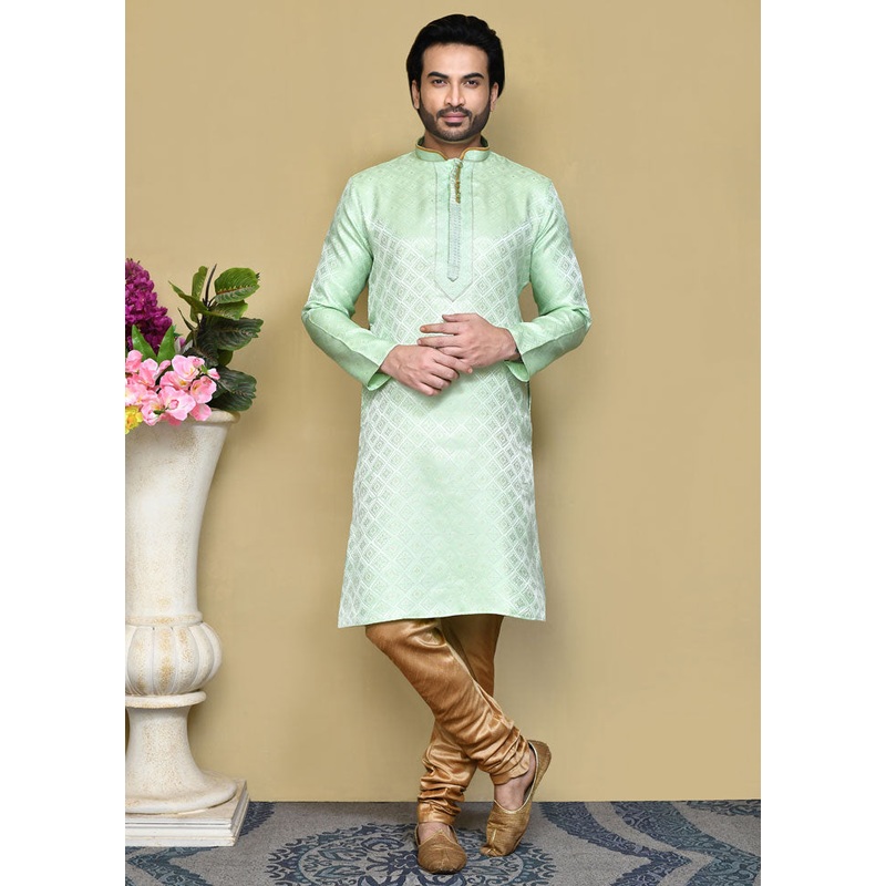 2 Pc Pista Green Silk Kurta Pajama Set - JD986612101