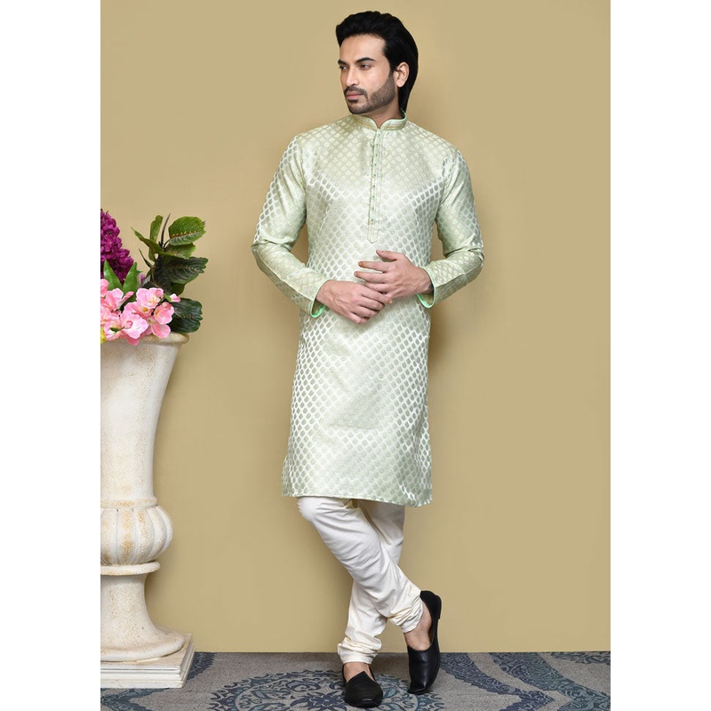 2 Pc Pista Green Silk Kurta Pajama Set - JD986612102