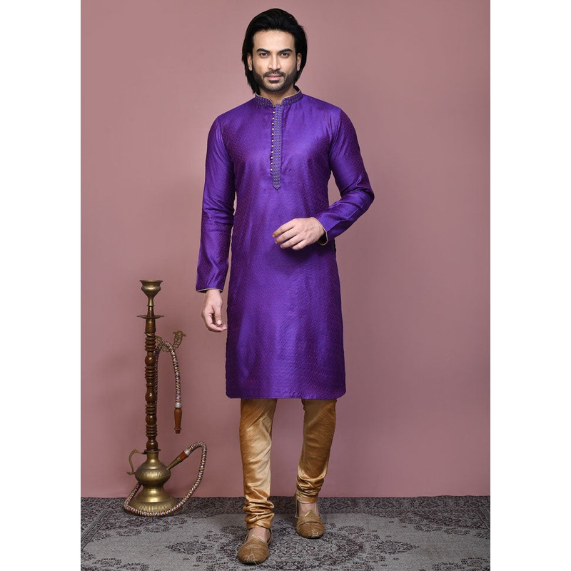2 Pc Purple Cotton Kurta Pajama Set - JD986612095