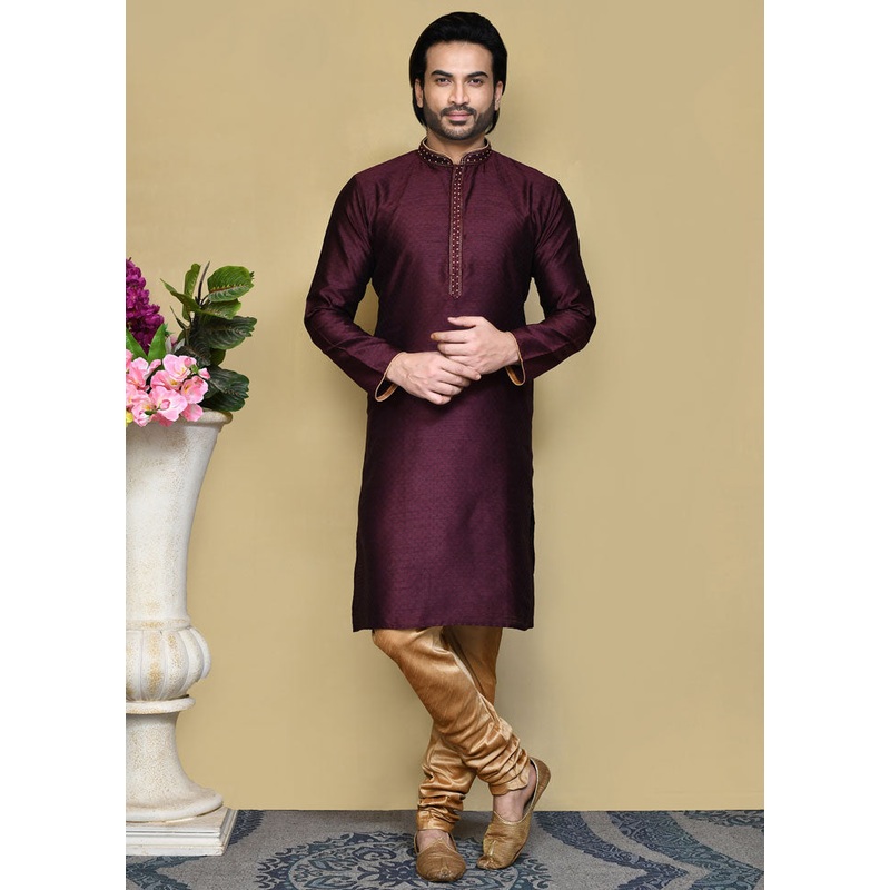 2 Pc Purple Silk Kurta Pajama Set - JD986612093