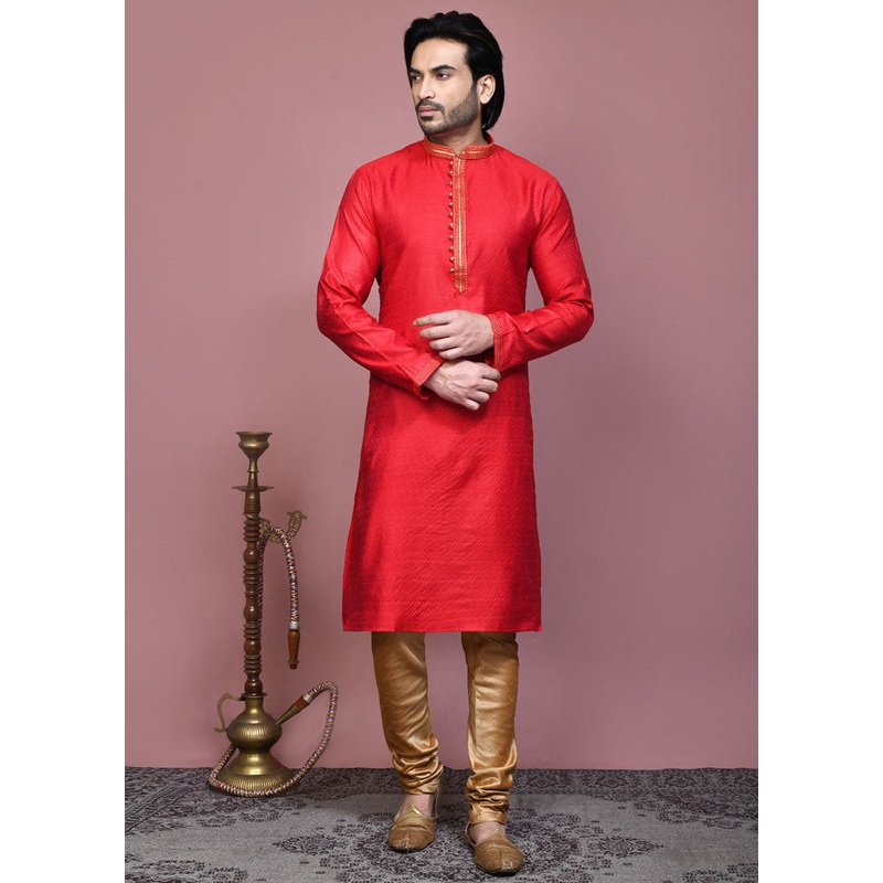 2 Pc Red Cotton Kurta Pajama Set - JD986612092