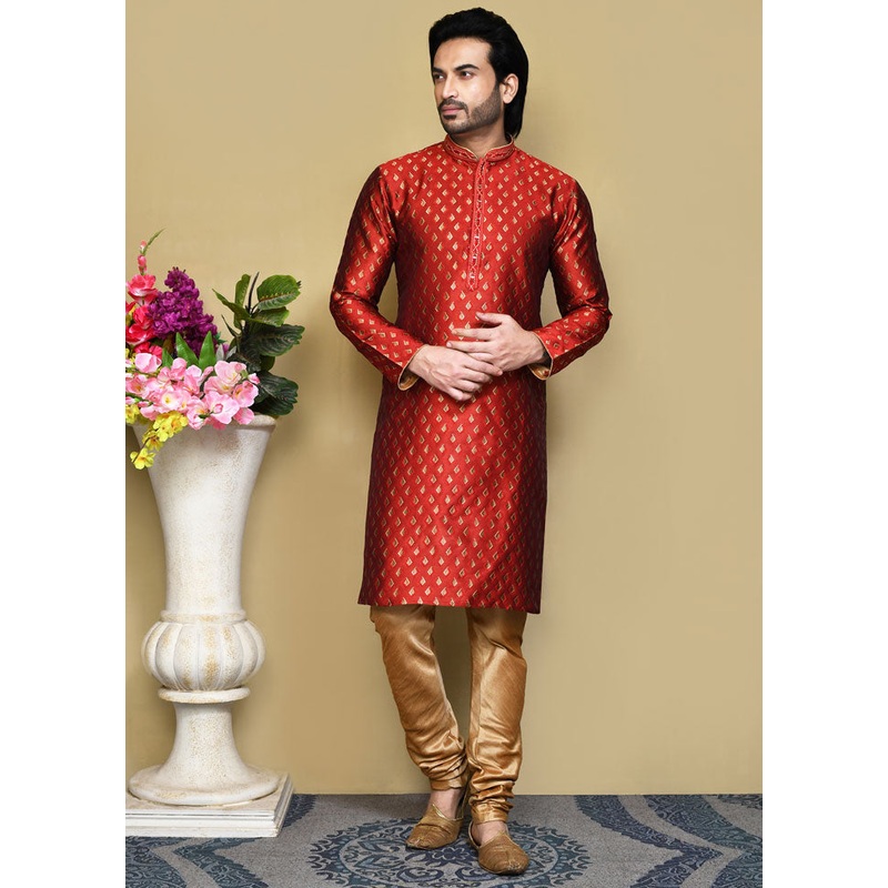 2 Pc Red Silk Kurta Pajama Set - JD986612089