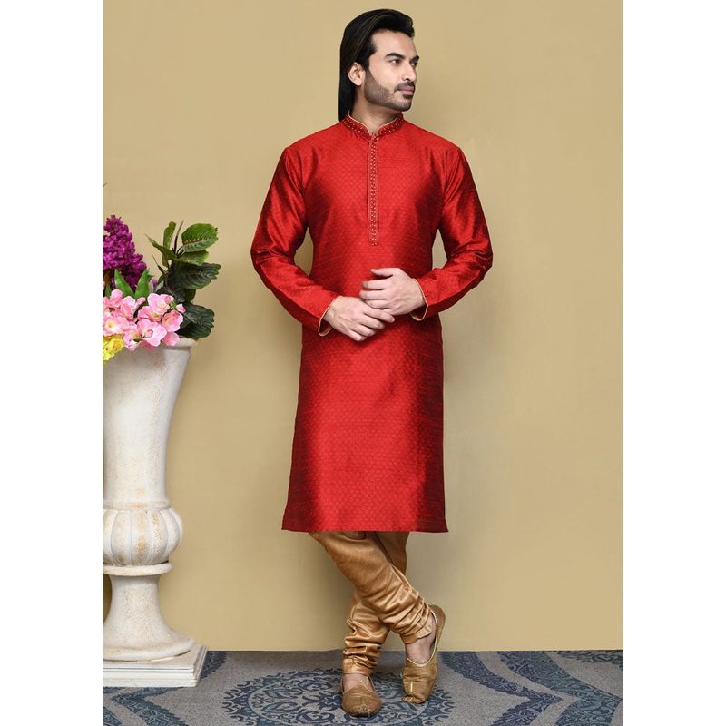 2 Pc Red Silk Kurta Pajama Set - JD986612090