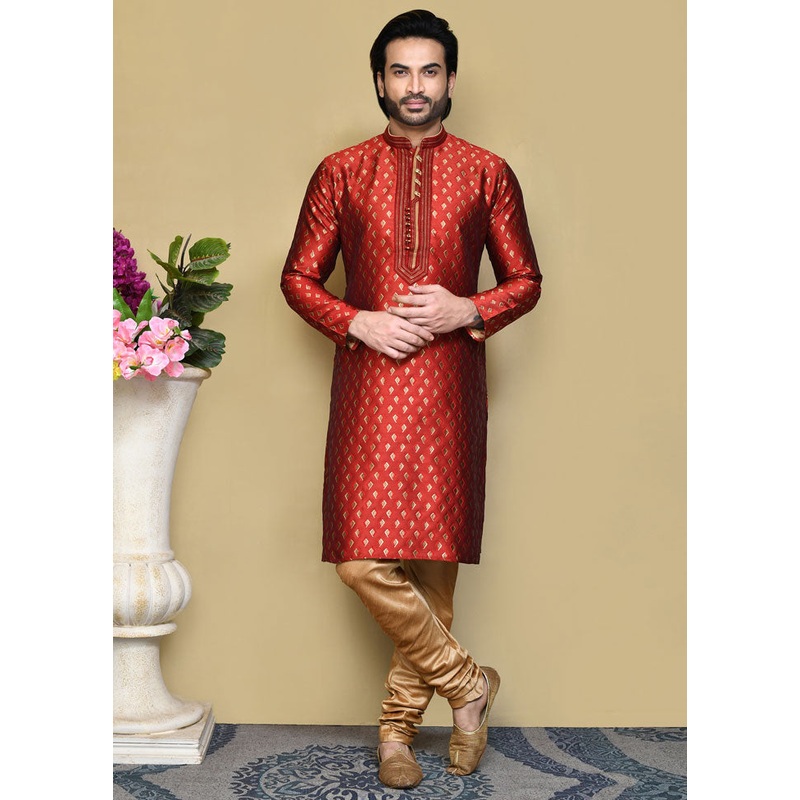 2 Pc Red Silk Kurta Pajama Set - JD986612091