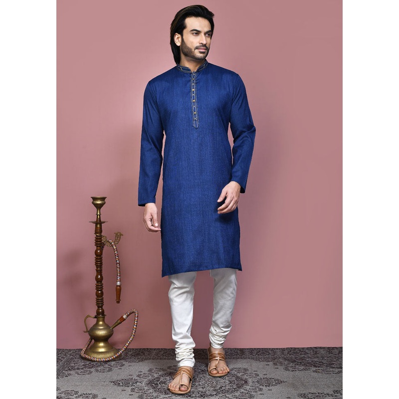 2 Pc Royal Blue Cotton Kurta Pajama Set - JD986612088