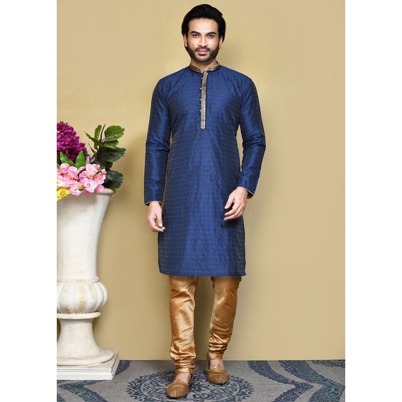 2 Pc Royal Blue Silk Kurta Pajama Set - JD986612085