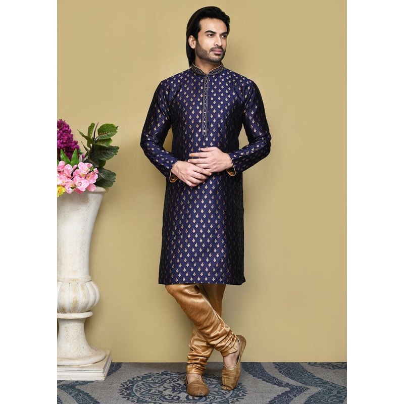 2 Pc Royal Blue Silk Kurta Pajama Set - JD986612086