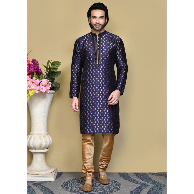 2 Pc Royal Blue Silk Kurta Pajama Set - JD986612087