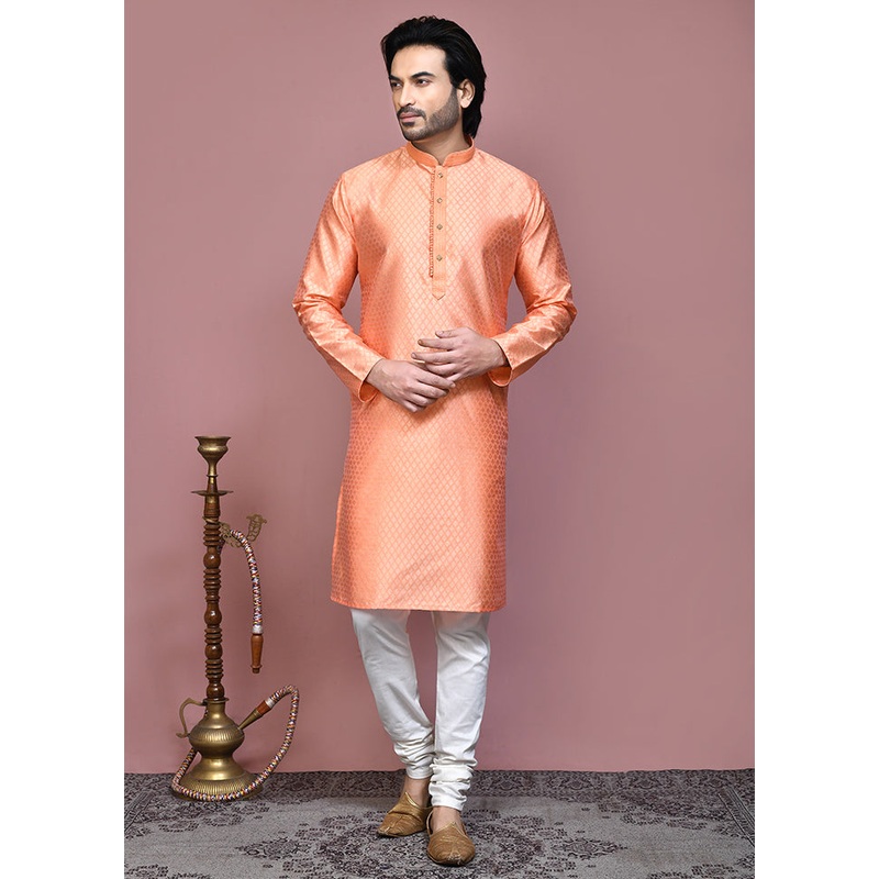 2 Pc Rust Silk Kurta Pajama Set - JD986612077