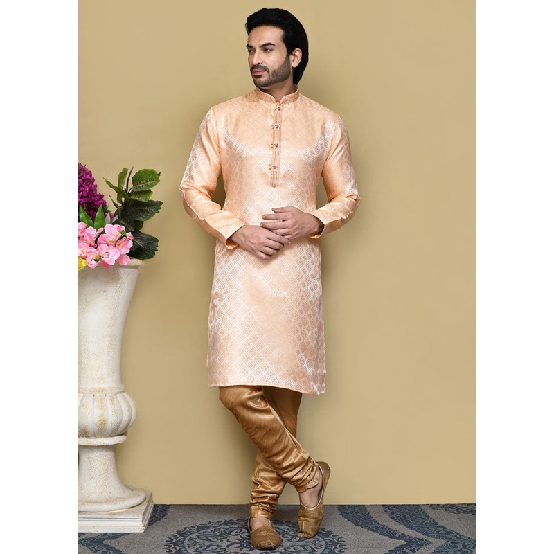 2 Pc Rust Silk Kurta Pajama Set - JD986612078