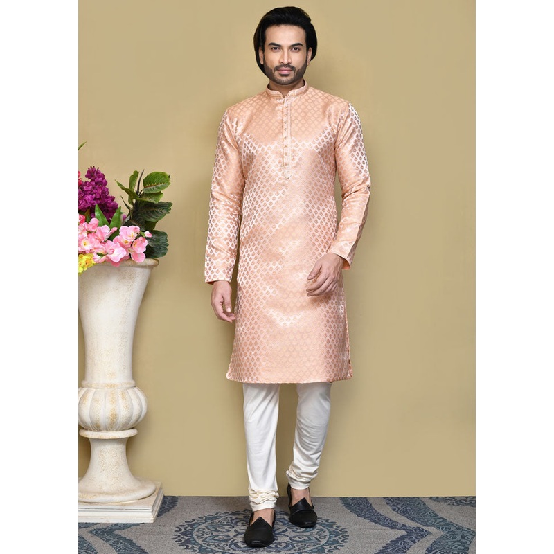 2 Pc Rust Silk Kurta Pajama Set - JD986612080