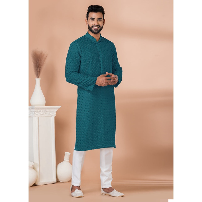 2 Pc Teal Georgette Kurta Pajama Set - JD986612260
