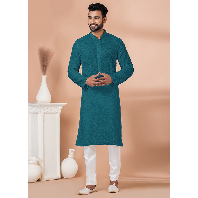 2 Pc Teal Georgette Kurta Pajama Set - JD986612261