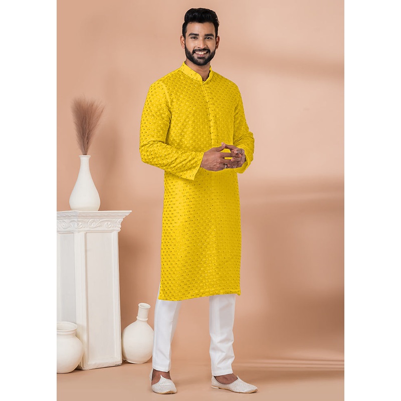2 Pc Yellow Georgette Kurta Pajama Set - JD986612258