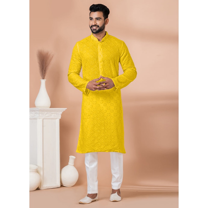 2 Pc Yellow Georgette Kurta Pajama Set - JD986612259