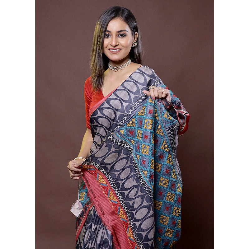 Black Handloom Tussar Pure Silk Saree With Blouse Piece - JD986612189