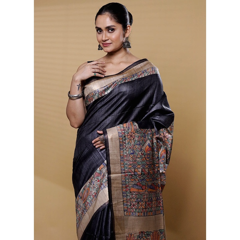 Black Handloom Tussar Pure Silk Saree With Blouse Piece - JD986612241
