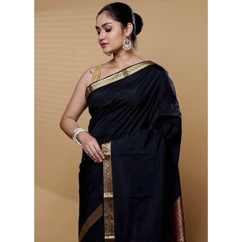 Black Kanjivaram Silk Saree With Blouse Piece - JD986612240
