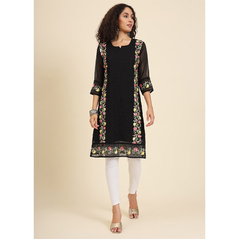 Black Readymade Georgette Kurti - JD986612257